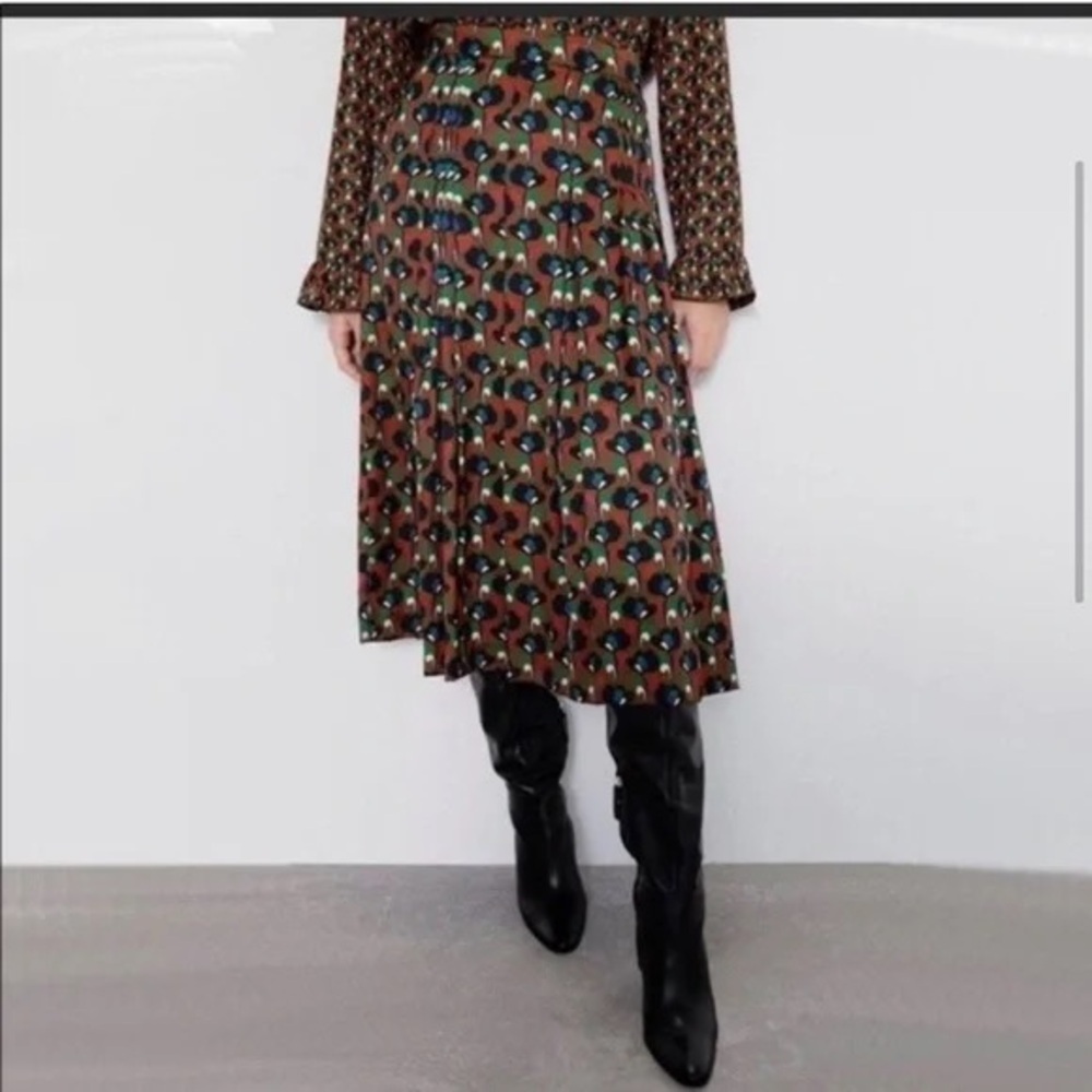 Zara Geometric Pleated Midi Skirt Brown Pattern Plus Size XXL - Picture 2 of 11